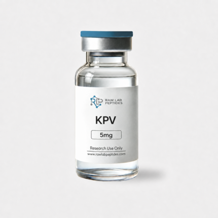 Vial of Raw Lab Peptides KPV research peptide, 5mg, with teal cap and white label reading Research Use Only rawlabpeptides.com